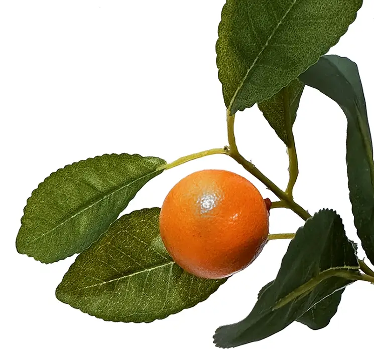 Appelsin træ kunstig af plast i grøn og orange sat i sort potte af plast 43cm closeup