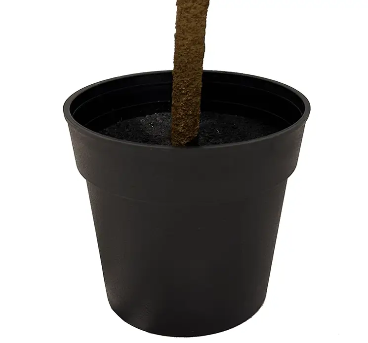 Appelsin træ kunstig af plast i grøn og orange sat i sort potte af plast 43cm closeup af potte