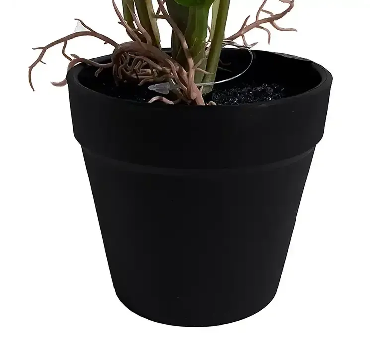 Kunstig caladium plante af plast i sort potte closeup af sort potte