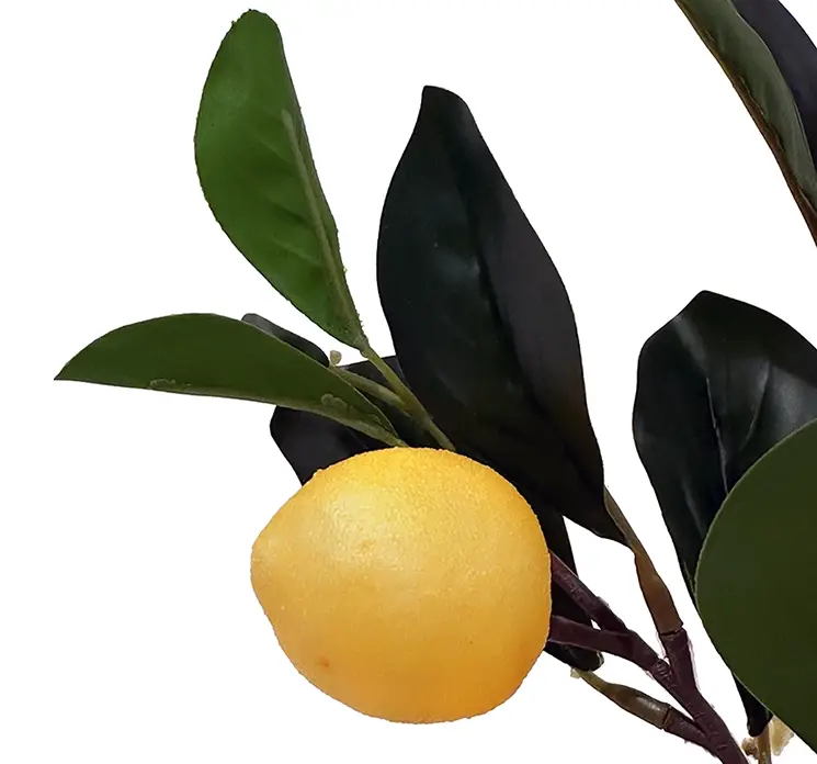 Citron træ med citroner kunstig af plast sat i sort potte med små sten 27cm closeup