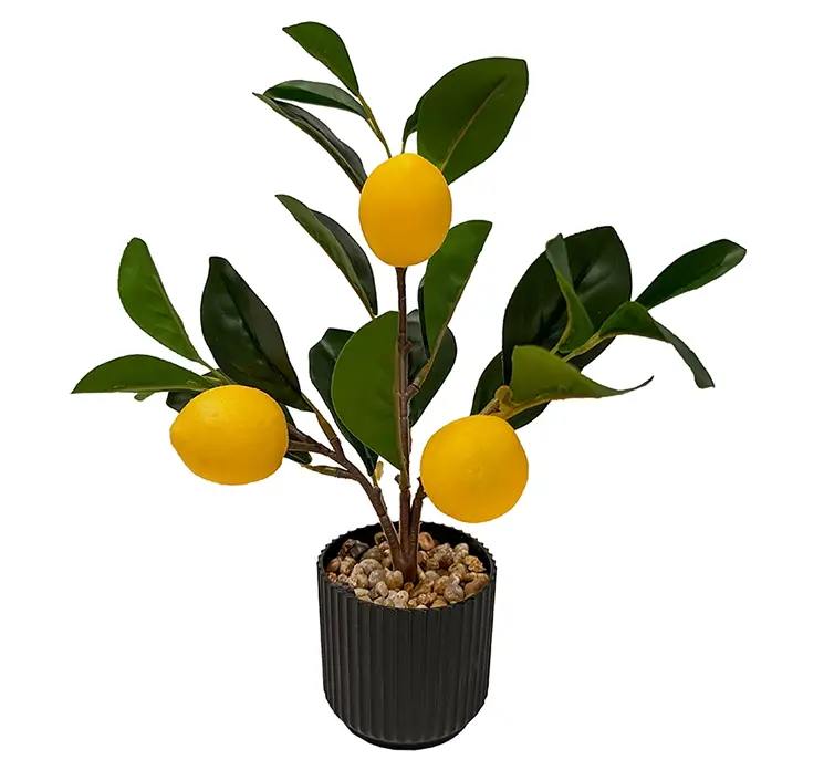 Citron træ med citroner kunstig af plast sat i sort potte med små sten 27cm