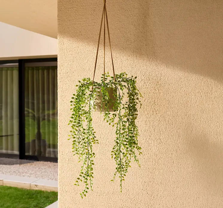 Figen hænger kunstig plante af plast uv-beskyttet vist sat i en krukke der hænger fra loftet på terrasse