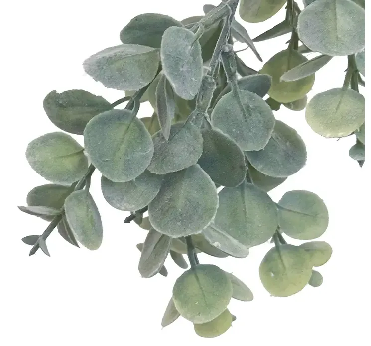 Kunstig eukalyptus hængeplante af plast i flettet krukke med ophæng closeup af blade