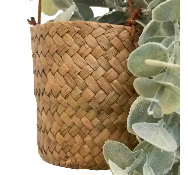 Kunstig eukalyptus phængeplante af plast i flettet kurv med ophæng closeup af kurv