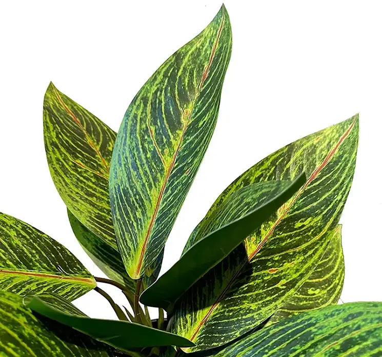 Kroton kunstig plante af plast i multi farver i sort potte 38cm closeup
