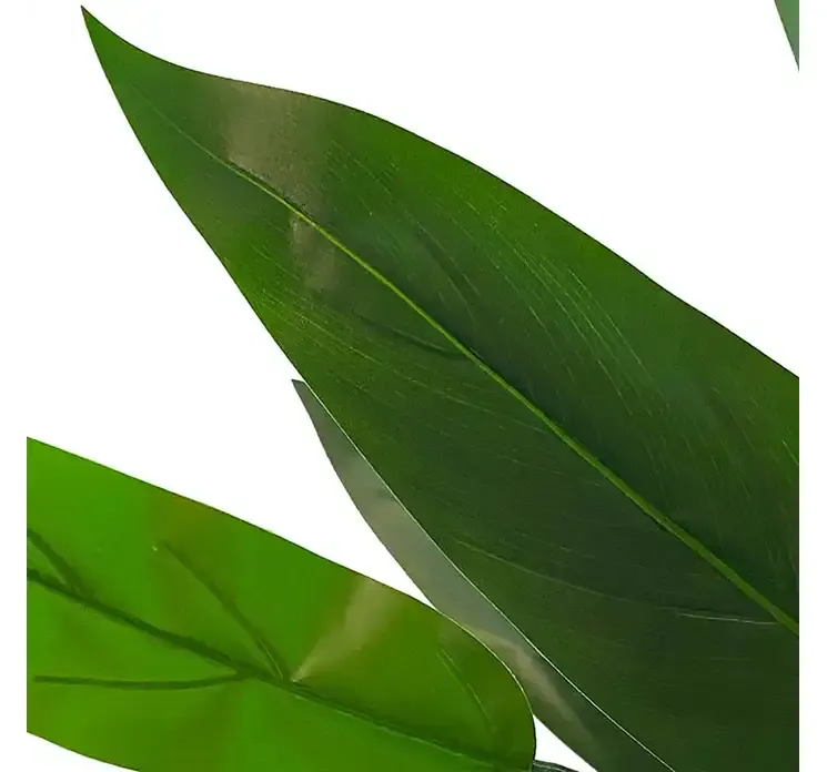 Kunstig strelitzia plante i sort potte af plast closeup af blade