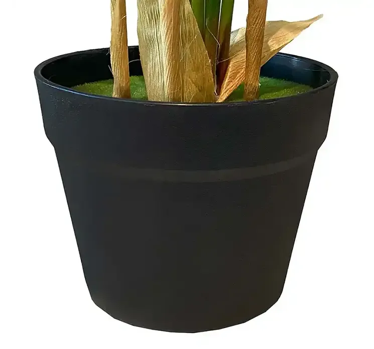 Kunstig strelitzia plante i sort potte af plast closeup af potte