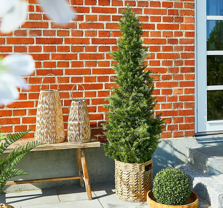 Cypress kunstig træ i grøn af plast uv-beskyttet i sort potte 120cm vist på terrasse
