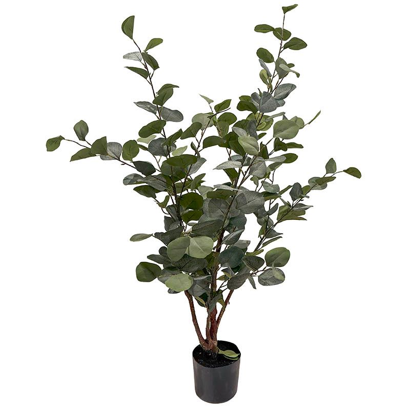 Kunstig eukalyptus træ i sort potte, af plast, grøn