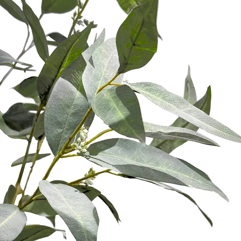 Kunstig eukalyptustræ i sort potte closeup