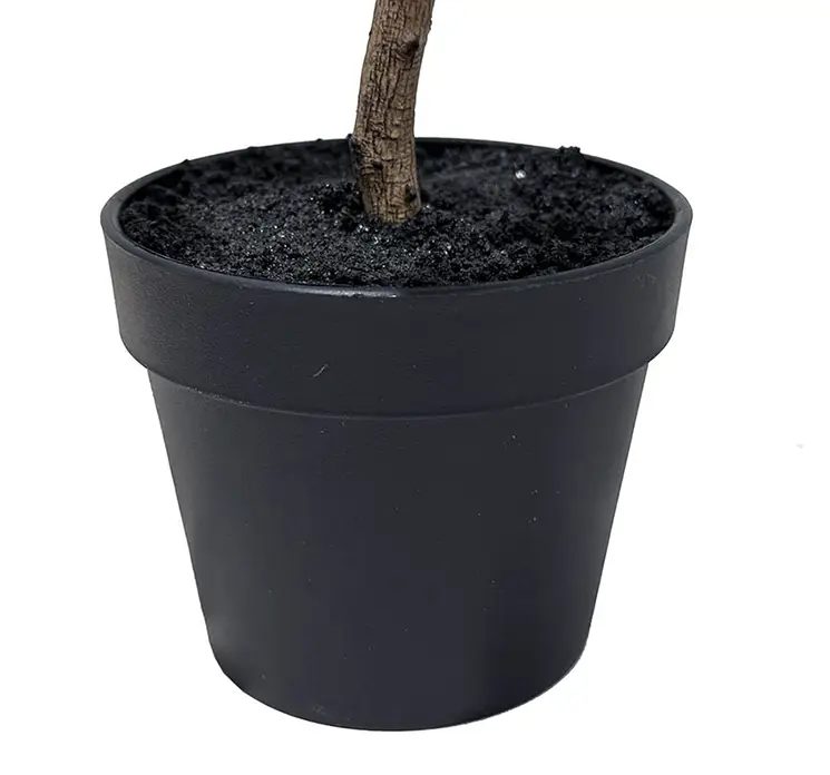 Figen træ med figner kunstig af plast i grøn sat i sort potte 30cm closeup af potte