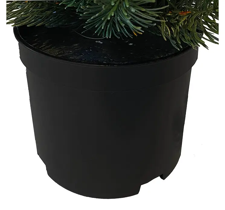 Grantræ i sort potte kunstig af plast i grøn nisse 42cm closeup af potte