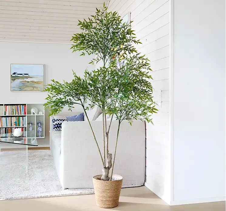 Musetorn roscus kunstig træ af plast i grøn med sort potte, vist i miljø med flettet kurv