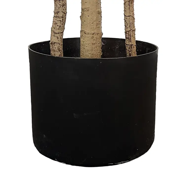 Paraplytræ også kaldet schefflera kunstig træ af plast i sort potte og grønne blade closeup af potte