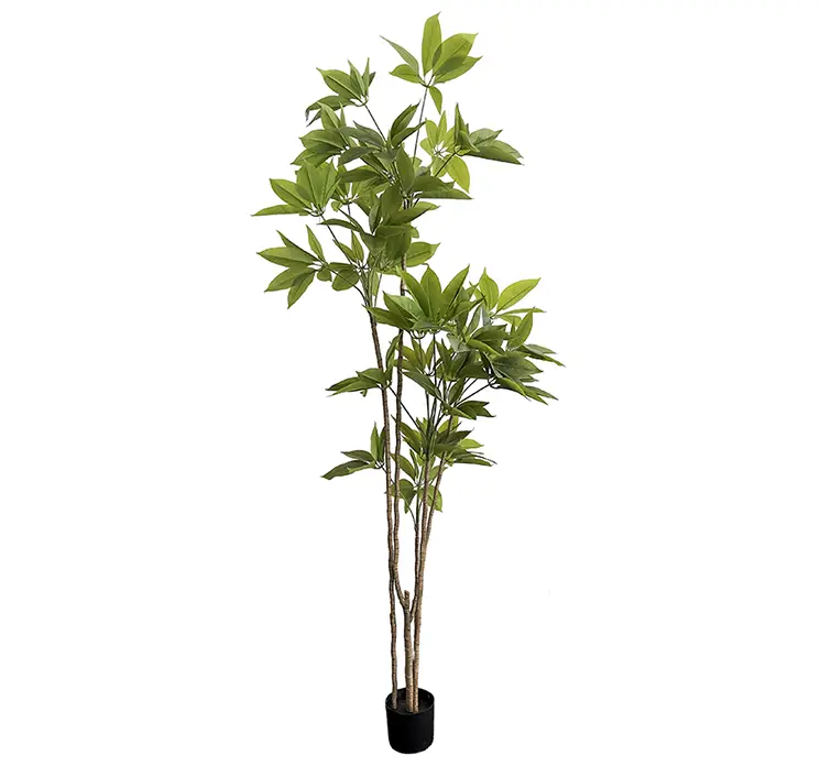 Paraplytræ også kaldet schefflera kunstig træ af plast i sort potte og grønne blade