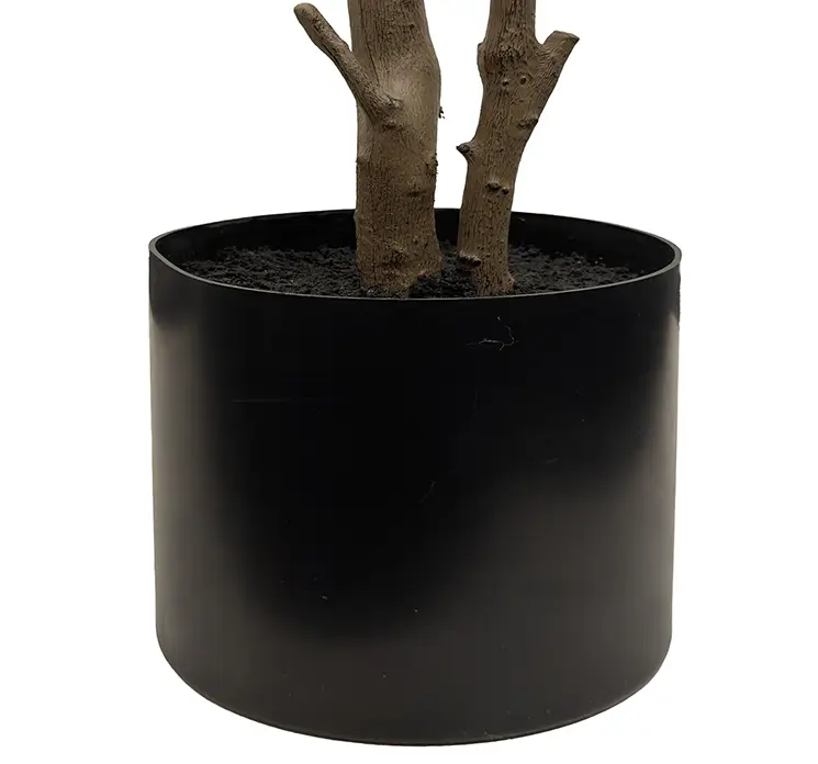 Terminalia kunstig træ af plast i grøn i sort potte 205cm closeup af potte