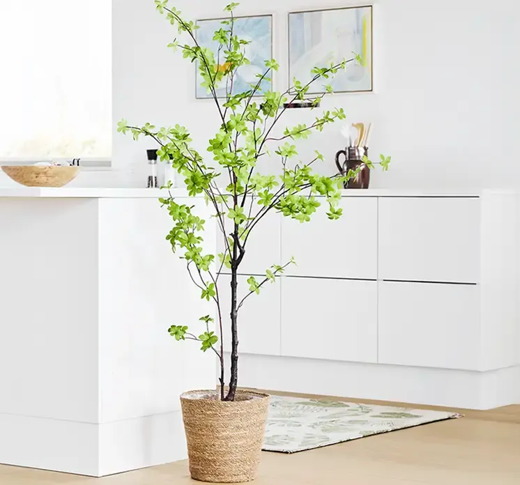 Tropaeolum speciosum kunstig træ af plast med sort potte vist i køkken miljø med flettet kurv