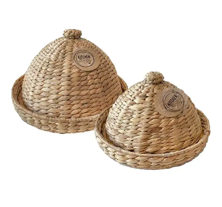 Bakkesæt med låg af flettet vandhyacint i naturfarvet, 2 stk.