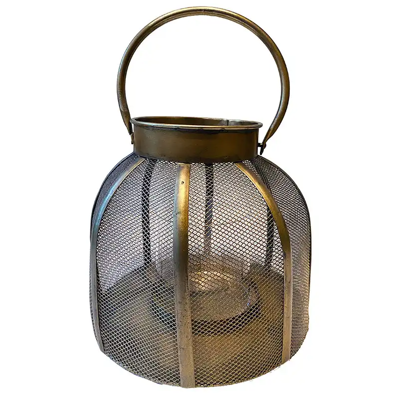 lanterne af metal i guld farvet med hank og glasindsats 20cm