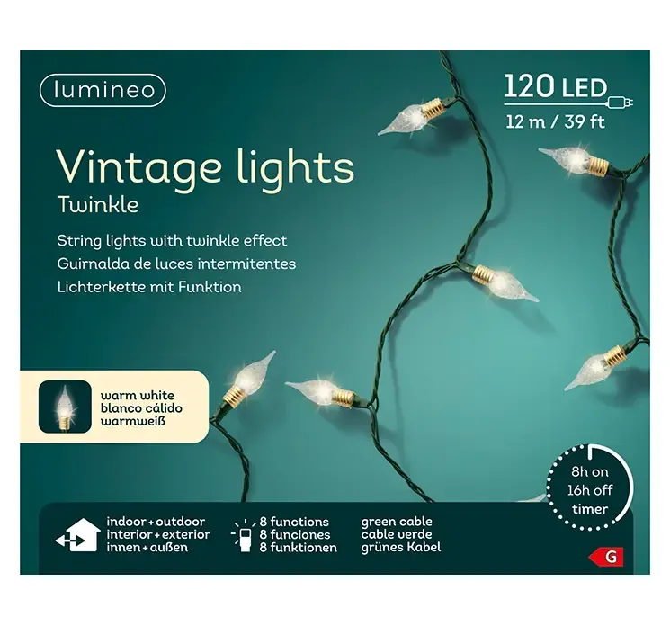 Lyskæde vintage stil med twinkle og 8 funktioner til udendørs brug vist i æske