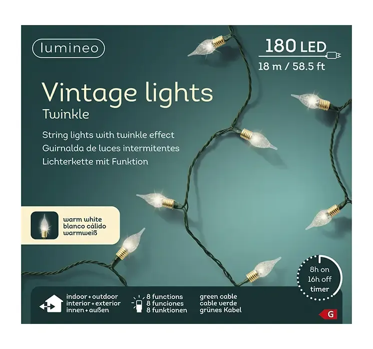 Lyskæde vintage stil med twinkle og 8 funktioner til udendørs brug vist i æske