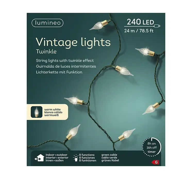 Lyskæde vintage stil med twinkle og 8 funktioner til udendørs brug vist i æske