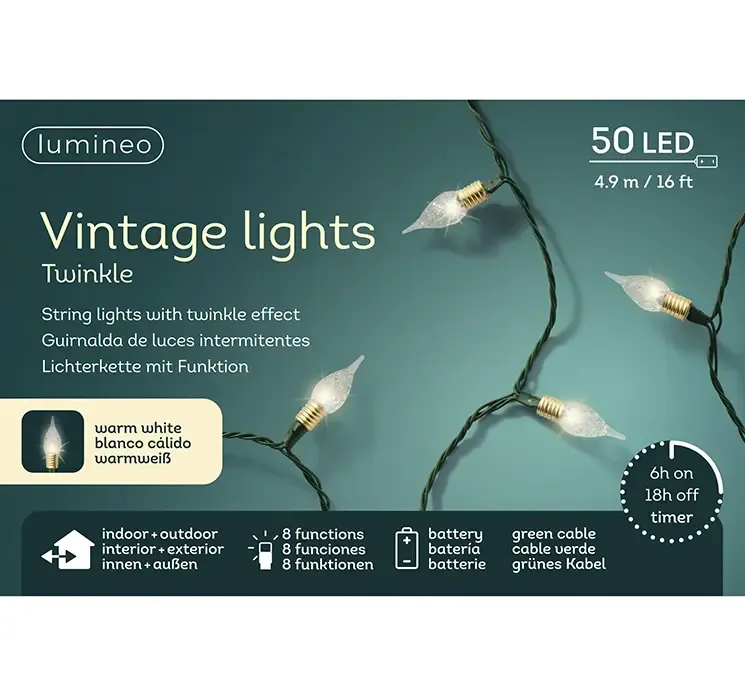 Lyskæde vintage stil med twinkle og 8 funktioner til udendørs brug vist i æske