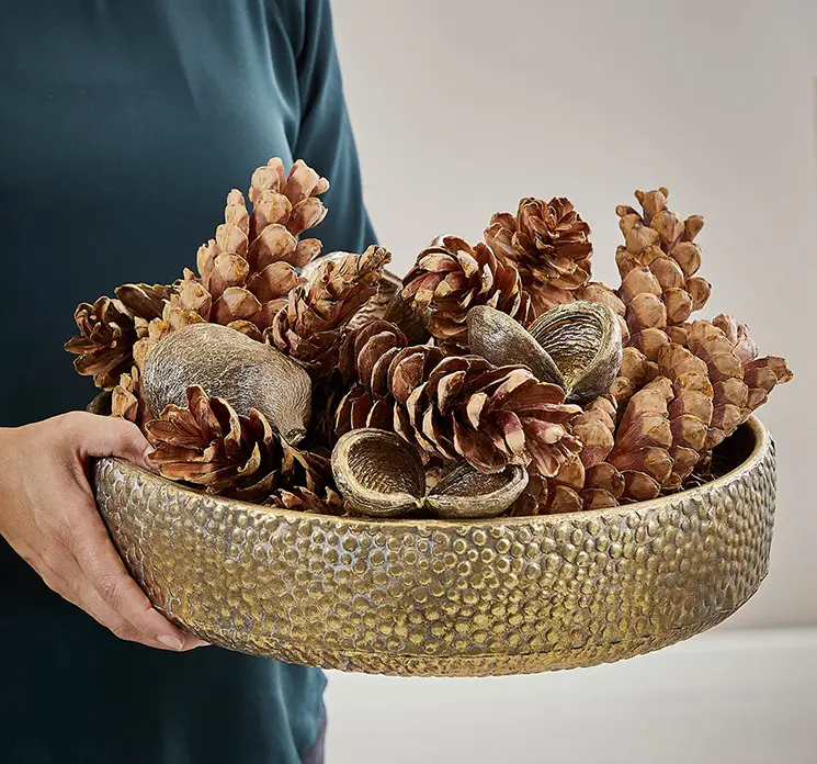 Bakke i banket metal med antik guld look vist med kogler og mandelskaller
