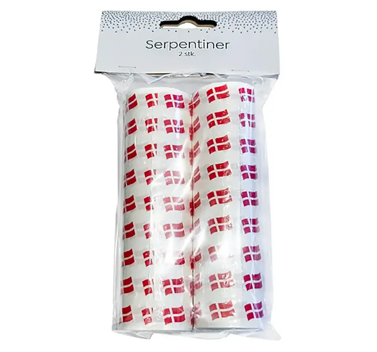 Serpentiner i hvid med små Danneborgsflag