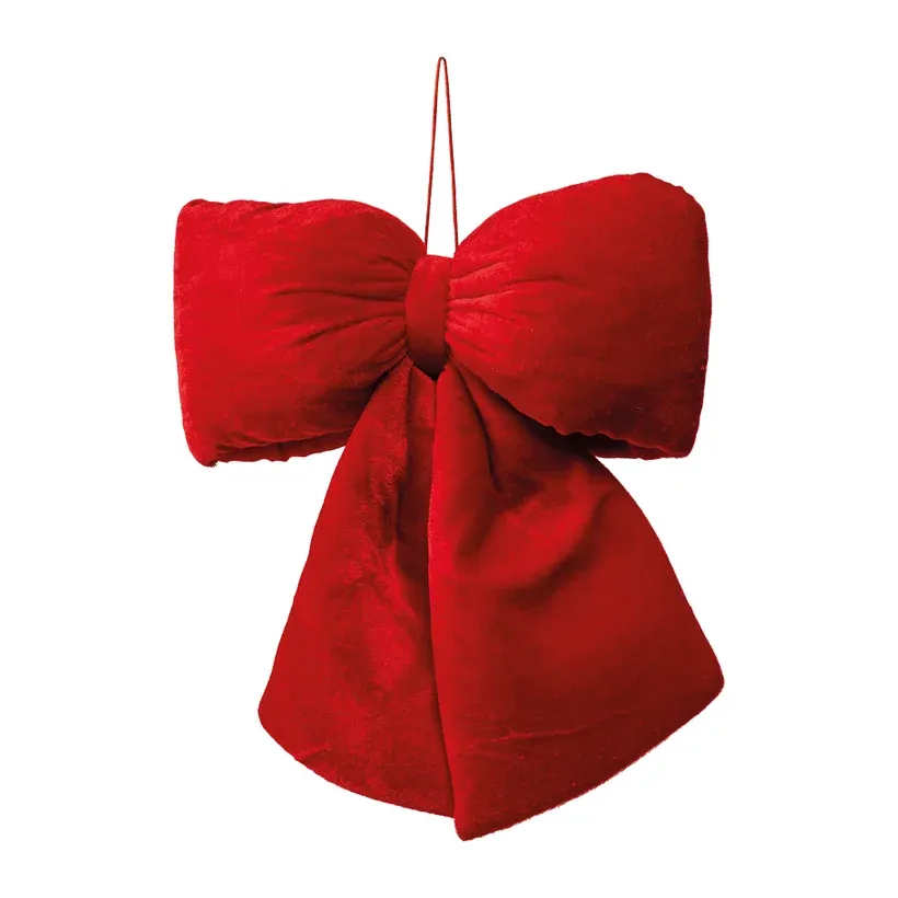 Rød veloursløjfe 35x30cm med ophæng, polstret juledekoration – Brøndsholm