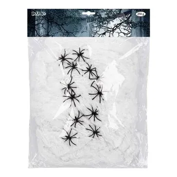 Hvidt spindelvæv med 12 plastikkedderkopper til Halloween, 250 g – Brøndsholm