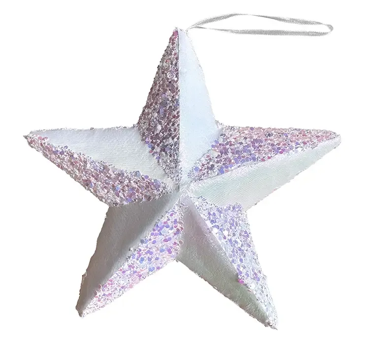 Julepynt stjerne til ophæng af hård skum i hvid med glimmer
