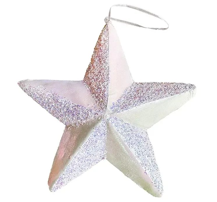 Julepynt stjerne til ophæng af hård skum i hvid med glimmer