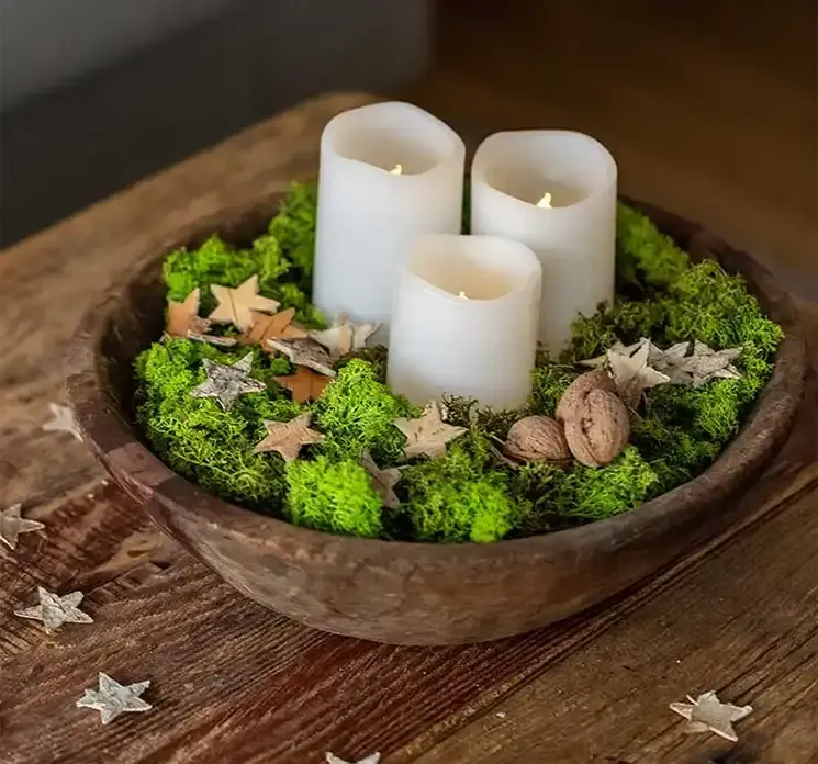 Mos tørret i bakke vist i juledekoration med lys