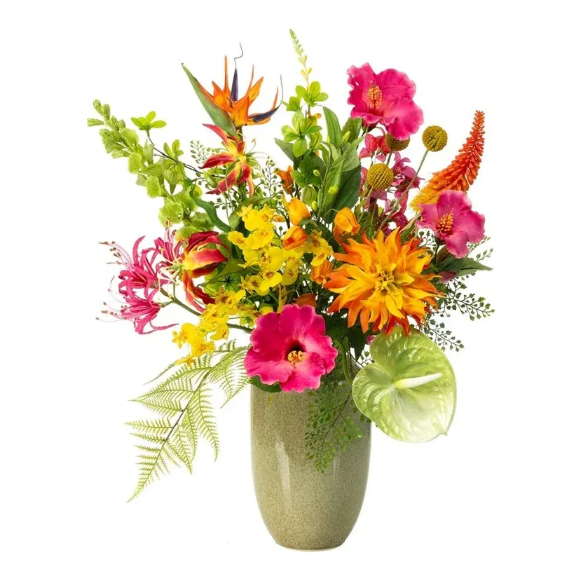 Tropisk blomsterbuket med eksotiske blomster i varme farver – Brøndsholm