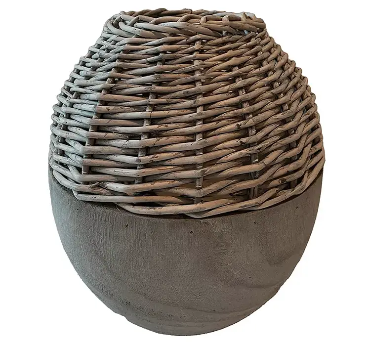 Vase krukke af paulownia træ og flet i grå 25cm