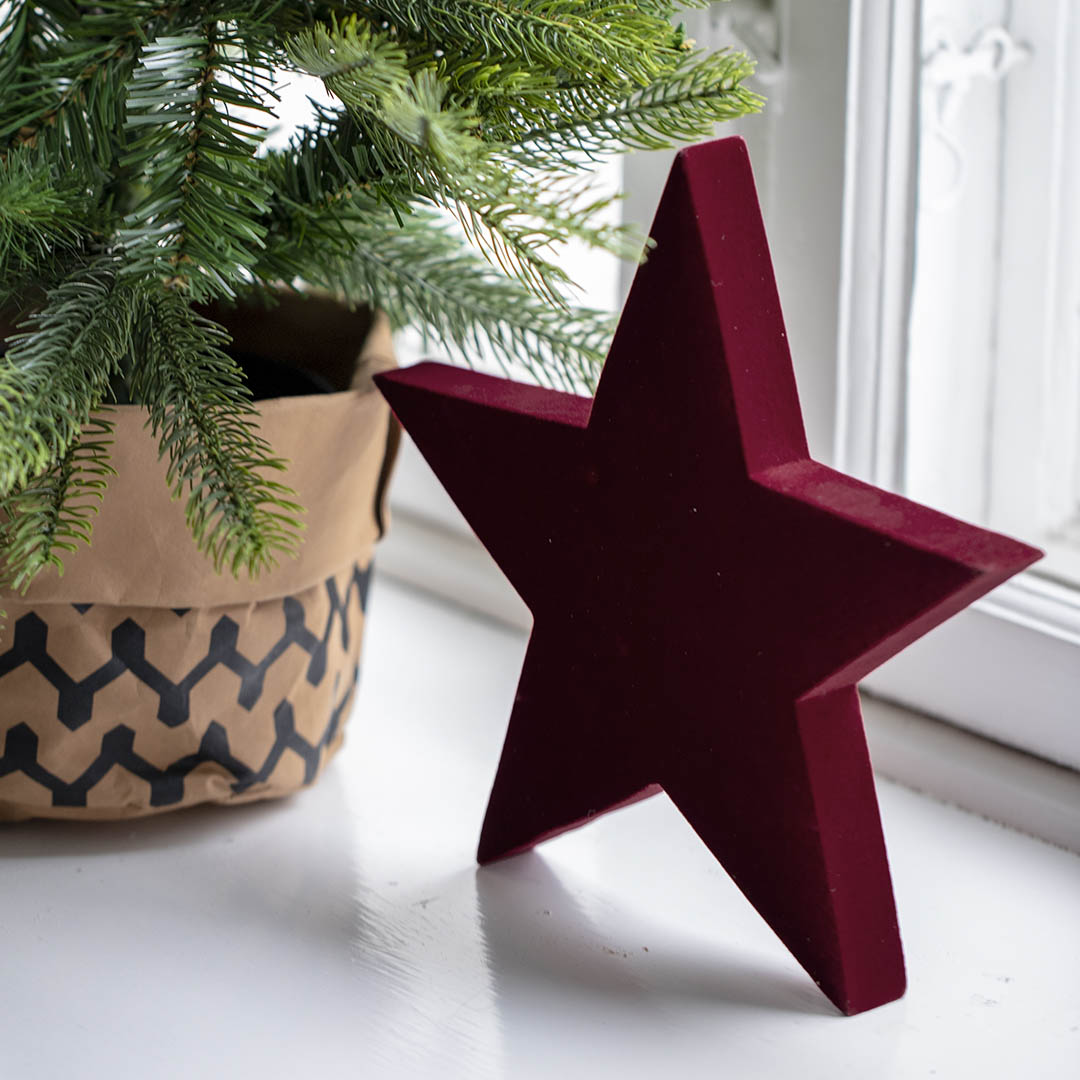 Velourstjerne i mørkerød der kan stå selv